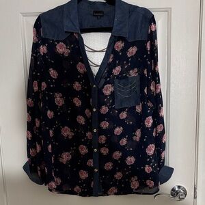 Zenobia Denim-Style Navy Button Shirt with denim trim and chain peekaboo back xx